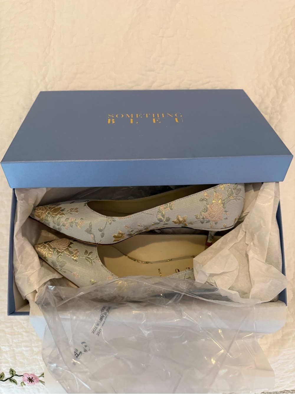 Something Bleu Bridal Pale Blue Floral Embroidered Pointed-Toe Heels